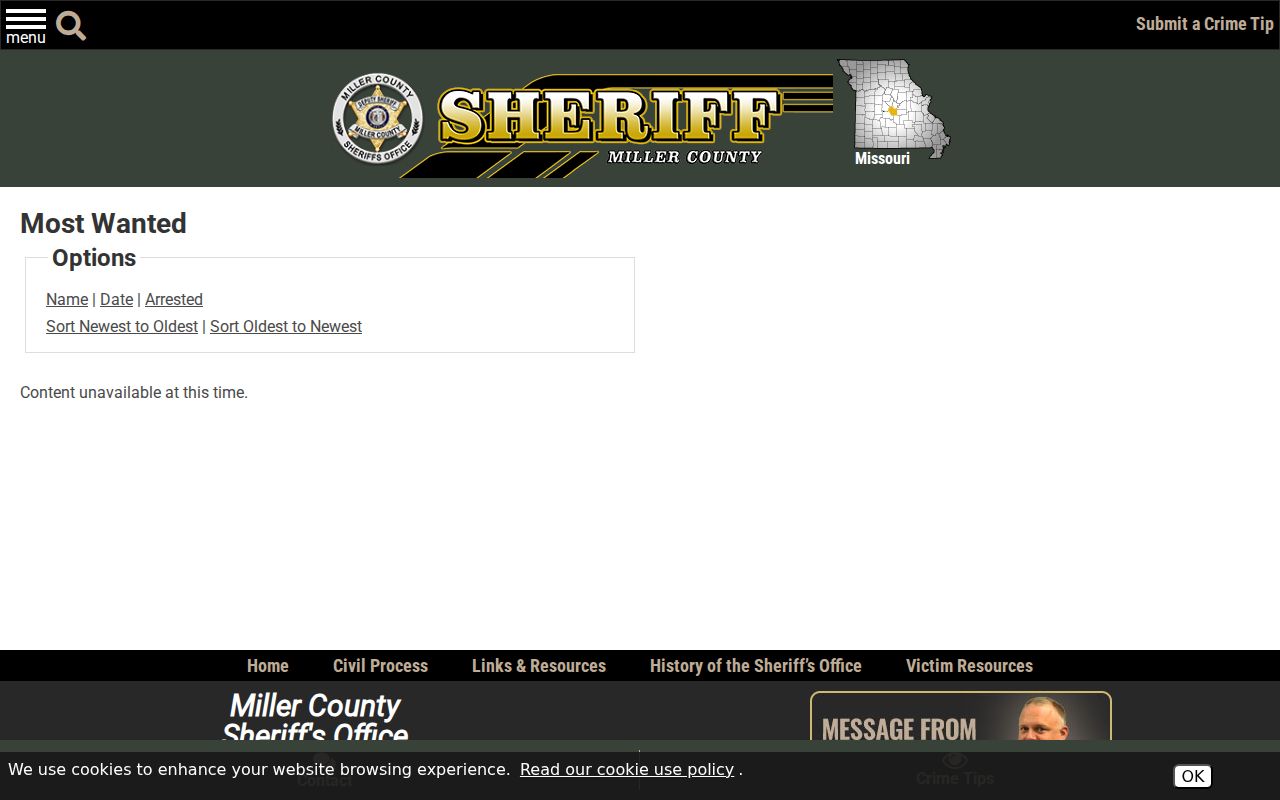 Miller County Sheriff official Most Wanted interface