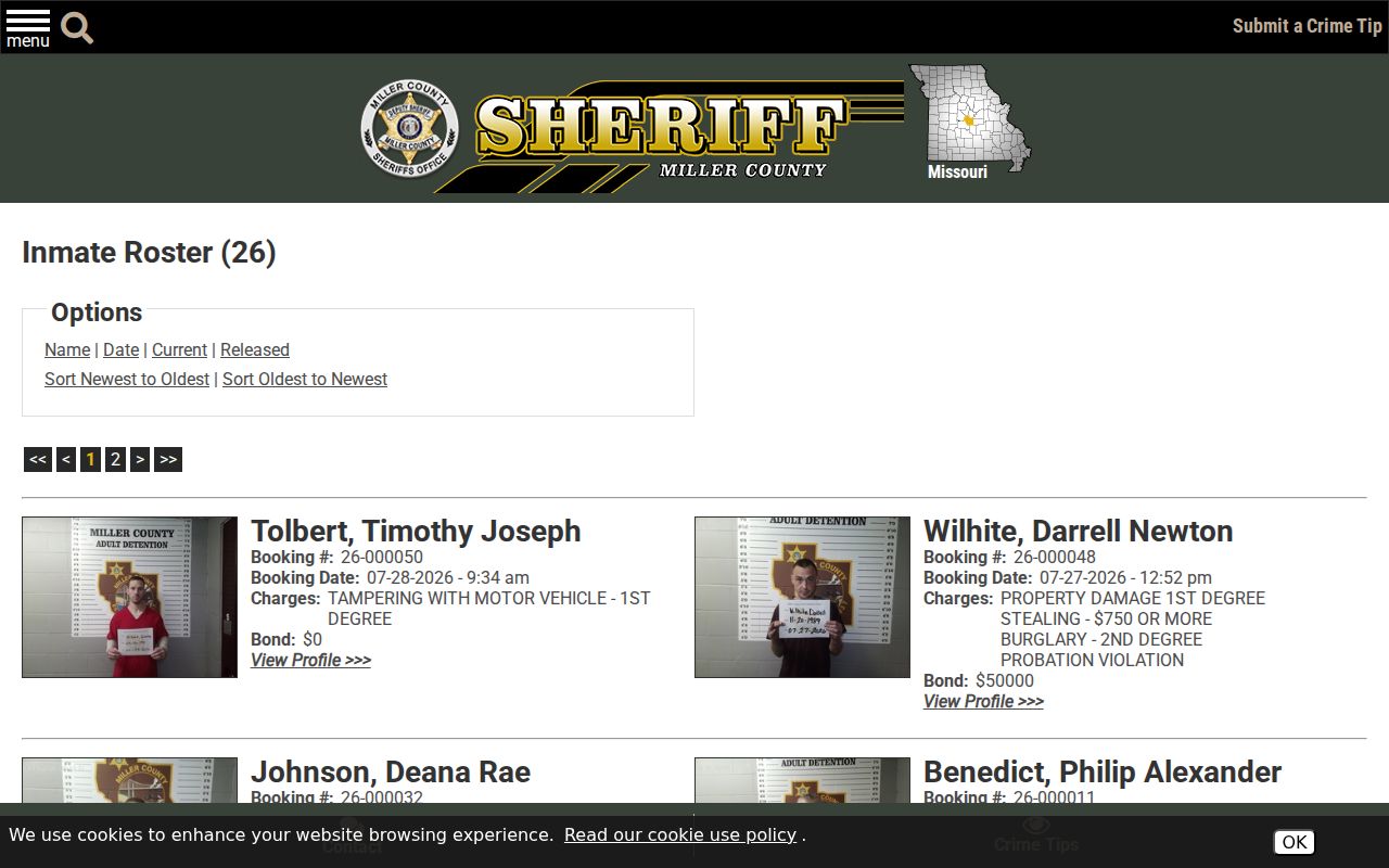 Miller County current inmate roster interface organized by booking date
