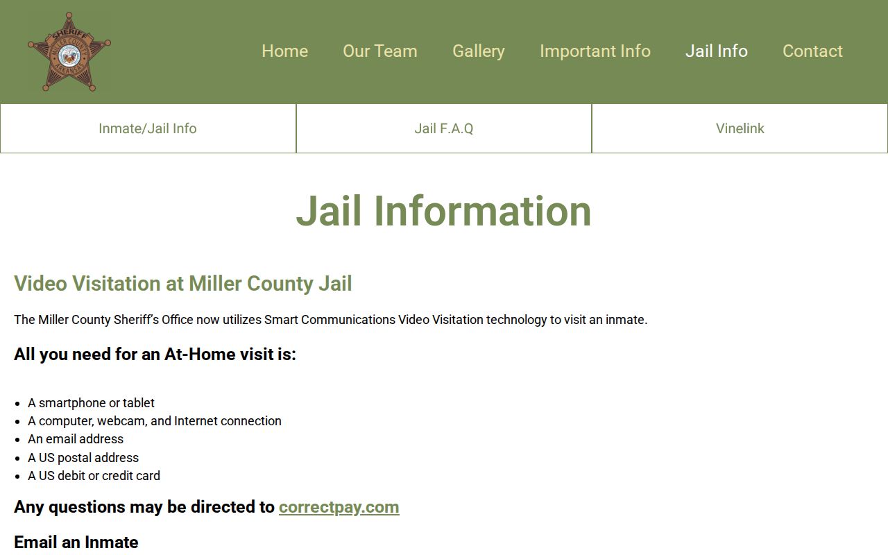 Miller County jail information for visits messages mail and account services
