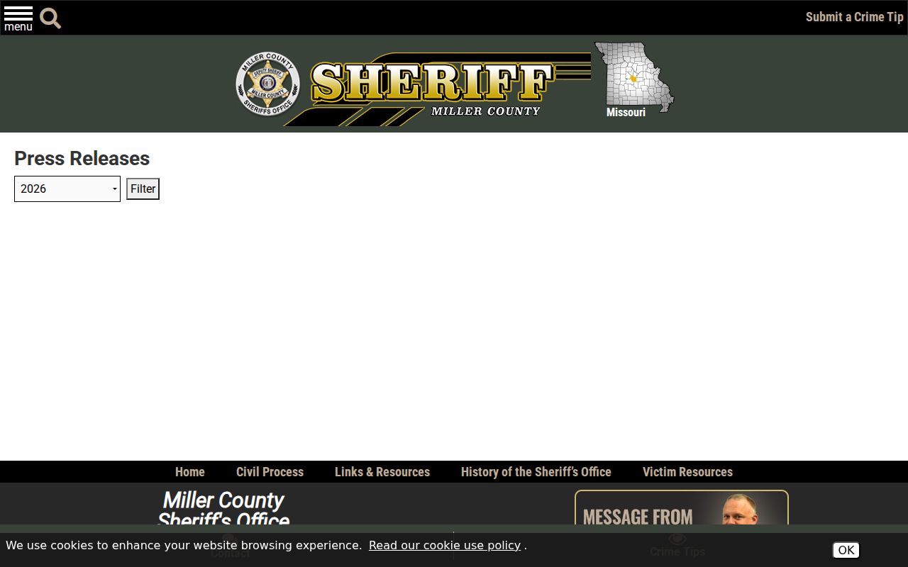 Miller County Sheriff official press release listing for selected enforcement news