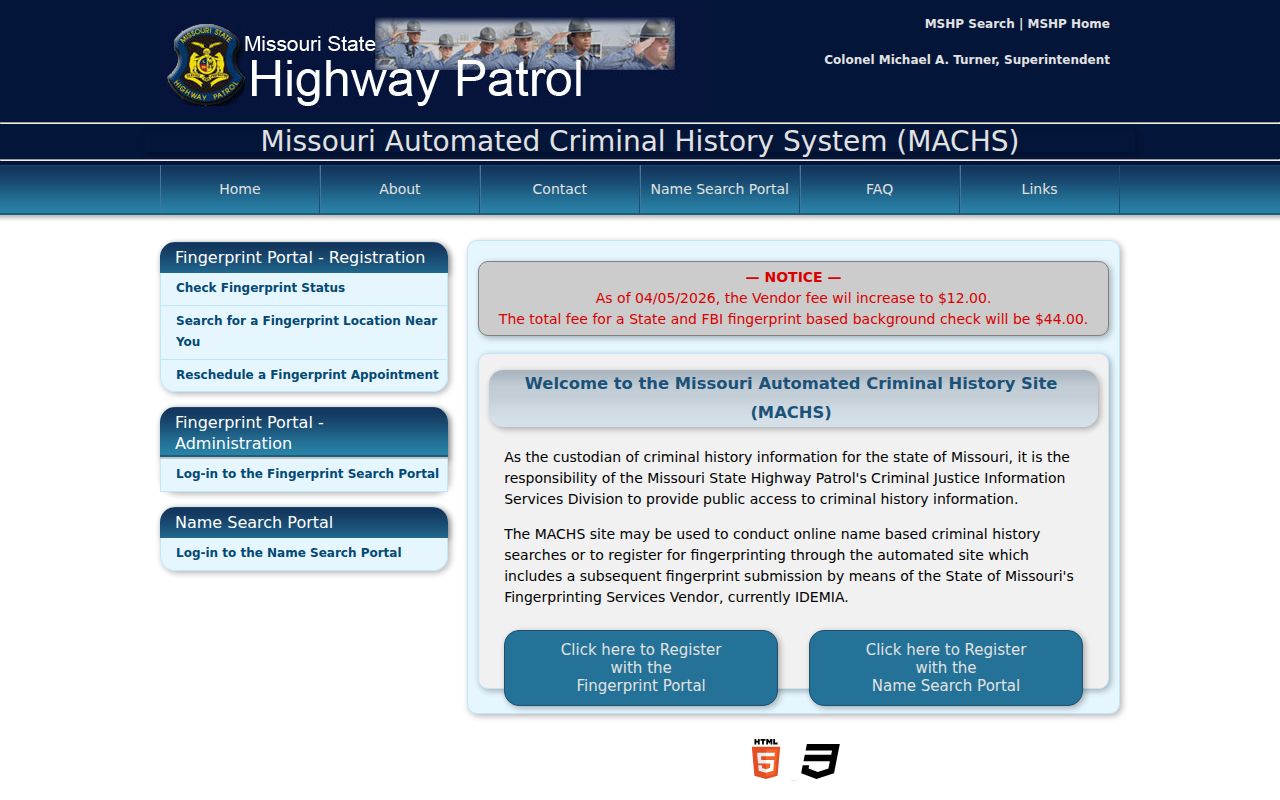 Miller County criminal history MACHS fingerprint registration