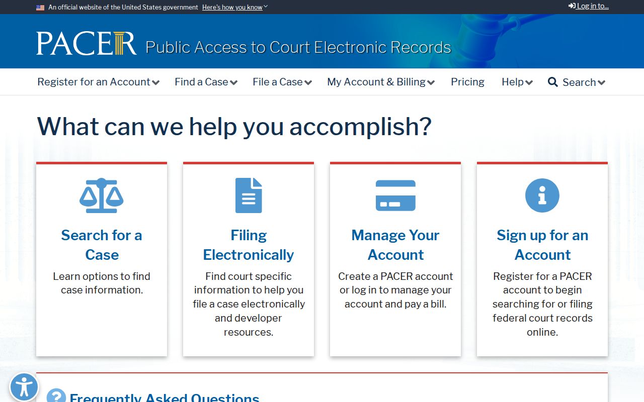 PACER federal court record access page for cases outside Miller County court